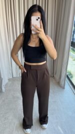 Acı Kahve Cırtlı Palazzo Pantolon - Görsel 3