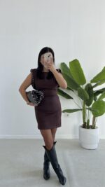 Andre Sırt Dekolteli Süet Mini Elbise - Kahverengi - Görsel 4