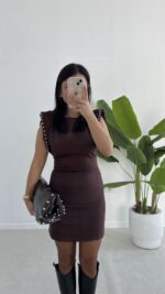 Andre Sırt Dekolteli Süet Mini Elbise - Kahverengi - Görsel 2