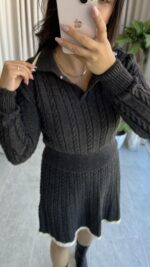 Antrasit Garnili Örgü Model Etek Kazak Takım - Görsel 5