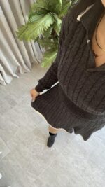 Antrasit Garnili Örgü Model Etek Kazak Takım - Görsel 10