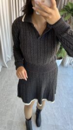 Antrasit Garnili Örgü Model Etek Kazak Takım - Görsel 8