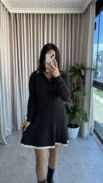 Antrasit Garnili Örgü Model Etek Kazak Takım - Görsel 2