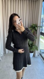 Antrasit Garnili Örgü Model Etek Kazak Takım - Görsel 3