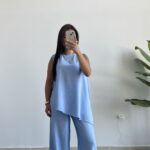 Asimetrik Kesim Bluz Pantolon Takım - Bebe Mavi