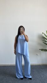 Asimetrik Kesim Bluz Pantolon Takım - Bebe Mavi