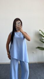 Asimetrik Kesim Bluz Pantolon Takım - Bebe Mavi - Görsel 4