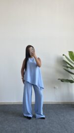 Asimetrik Kesim Bluz Pantolon Takım - Bebe Mavi - Görsel 5