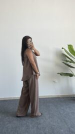 Asimetrik Kesim Bluz Pantolon Takım - Kahve - Görsel 5