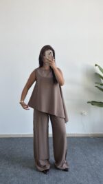 Asimetrik Kesim Bluz Pantolon Takım - Kahve - Görsel 2