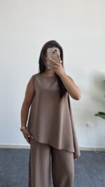 Asimetrik Kesim Bluz Pantolon Takım - Kahve - Görsel 3