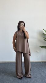 Asimetrik Kesim Bluz Pantolon Takım - Kahve
