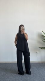 Asimetrik Kesim Bluz Pantolon Takım - Siyah - Görsel 2