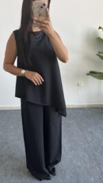 Asimetrik Kesim Bluz Pantolon Takım - Siyah - Görsel 8