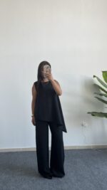 Asimetrik Kesim Bluz Pantolon Takım - Siyah - Görsel 5