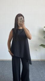 Asimetrik Kesim Bluz Pantolon Takım - Siyah - Görsel 3