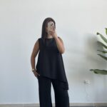 Asimetrik Kesim Bluz Pantolon Takım - Siyah