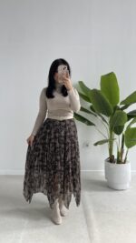 Asimetrik Kesim Desenli Şifon Etek - Görsel 5