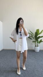 Asimetrik Kesim Keten Gömlek - Beyaz