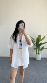 Asimetrik Kesim Keten Gömlek - Beyaz - Görsel 3