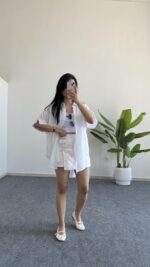 Asimetrik Kesim Keten Gömlek - Beyaz - Görsel 2