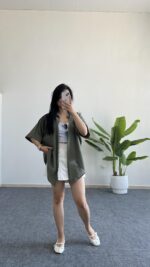 Asimetrik Kesim Keten Gömlek - Haki - Görsel 4