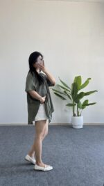 Asimetrik Kesim Keten Gömlek - Haki - Görsel 5