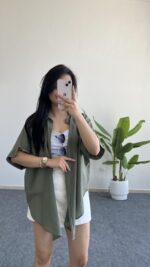 Asimetrik Kesim Keten Gömlek - Haki - Görsel 2