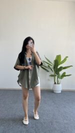 Asimetrik Kesim Keten Gömlek - Haki - Görsel 3