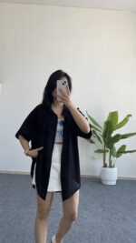 Asimetrik Kesim Keten Gömlek - Siyah - Görsel 2