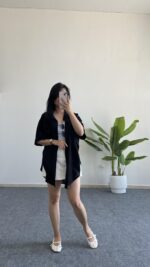 Asimetrik Kesim Keten Gömlek - Siyah - Görsel 3