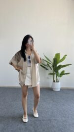 Asimetrik Kesim Keten Gömlek  - Taş - Görsel 3