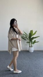 Asimetrik Kesim Keten Gömlek  - Taş - Görsel 4