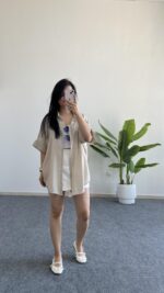 Asimetrik Kesim Keten Gömlek  - Taş