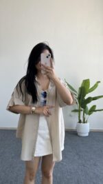 Asimetrik Kesim Keten Gömlek  - Taş - Görsel 2