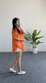 Asimetrik Kesim Keten Gömlek - Turuncu - Görsel 3