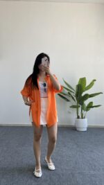 Asimetrik Kesim Keten Gömlek - Turuncu - Görsel 4