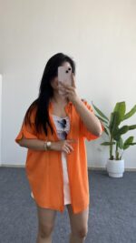 Asimetrik Kesim Keten Gömlek - Turuncu - Görsel 2