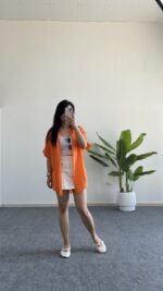 Asimetrik Kesim Keten Gömlek - Turuncu