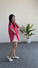 Asimetrik Kesim Pembe Keten Gömlek - Görsel 3