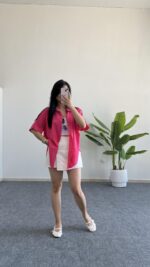 Asimetrik Kesim Pembe Keten Gömlek