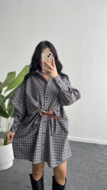 Avora Kemer Detaylı Oversize Gömlek Elbise - Kahve - Görsel 5