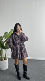 Avora Kemer Detaylı Oversize Gömlek Elbise - Bordo - Görsel 6