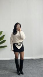 Balıkçı Yaka Asimetrik Model Triko Kazak - Ekru