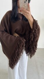 Berlodo Geniş Kol Püsküllü Crop Bluz - Kahve - Görsel 4