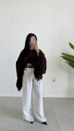 Berlodo Geniş Kol Püsküllü Crop Bluz - Kahve - Görsel 2