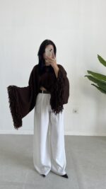 Berlodo Geniş Kol Püsküllü Crop Bluz - Kahve - Görsel 3