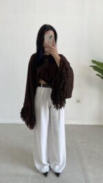 Berlodo Geniş Kol Püsküllü Crop Bluz - Kahve - Görsel 5