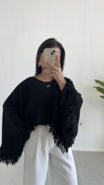 Berlodo Geniş Kol Püsküllü Crop Bluz - Siyah - Görsel 2
