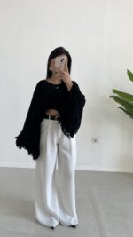 Berlodo Geniş Kol Püsküllü Crop Bluz - Siyah - Görsel 3